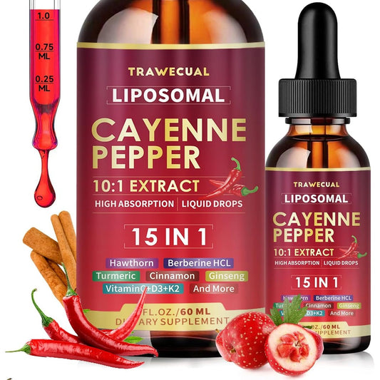 Trawecual 15-in-1 Liposomal Cayenne Pepper Liquid Drops front view for circulatory support