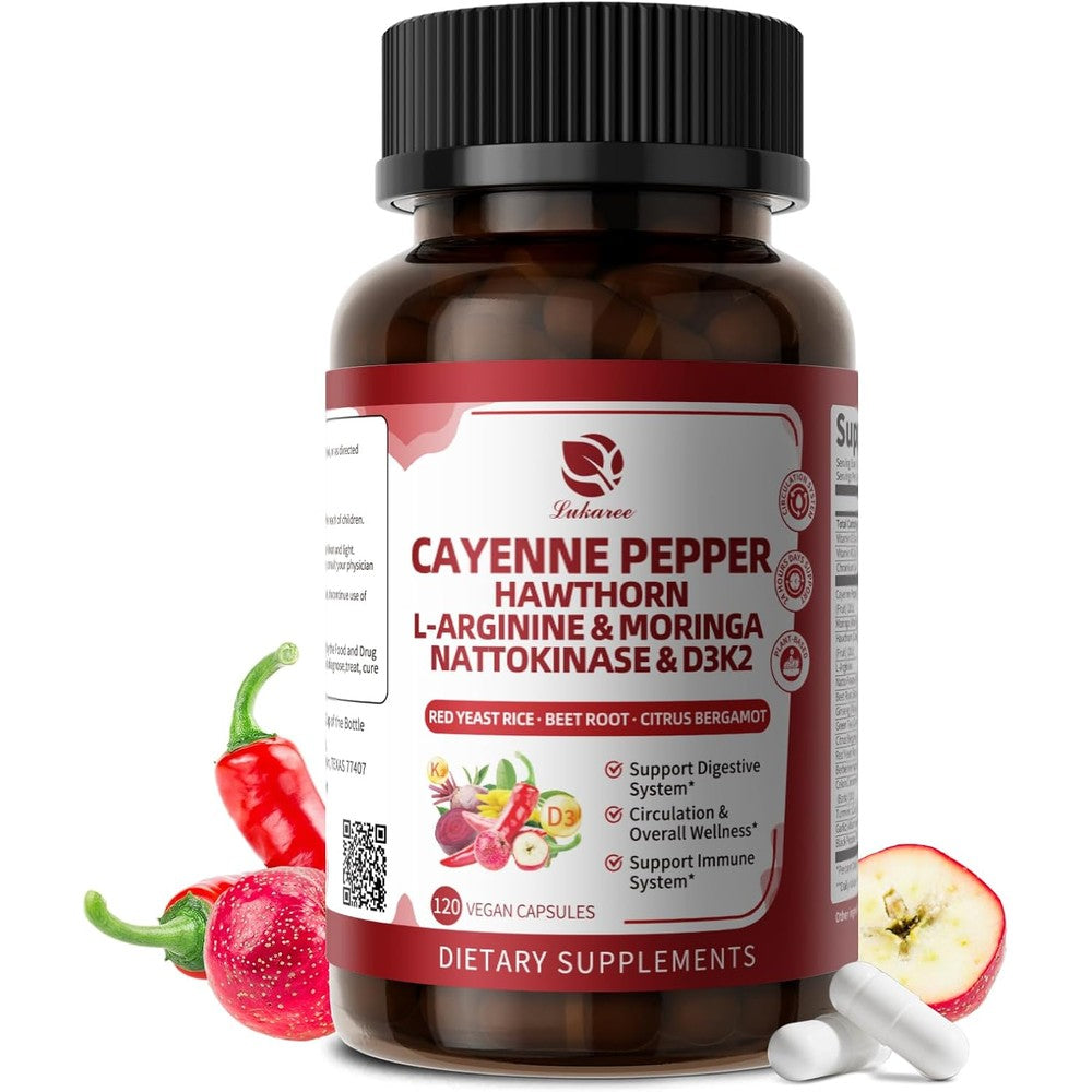 Lukaree Cayenne Pepper 18 in 1 Complex 120 capsules front view bottle for circulation support
