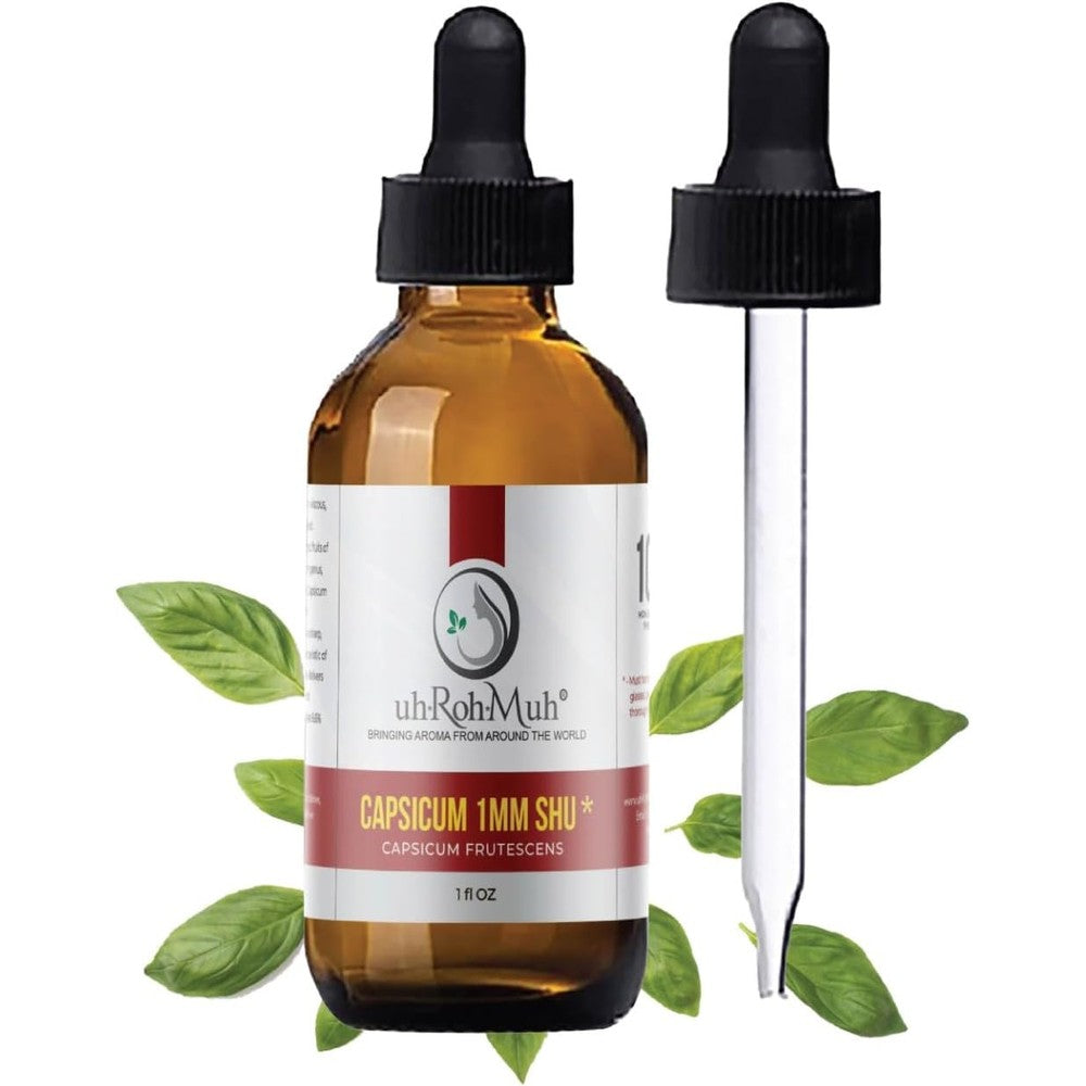 uhRohMuh Premium Oleoresin Capsicum Extract front view of one fluid ounce bottle showcasing product branding and one million Scoville Heat Units label.