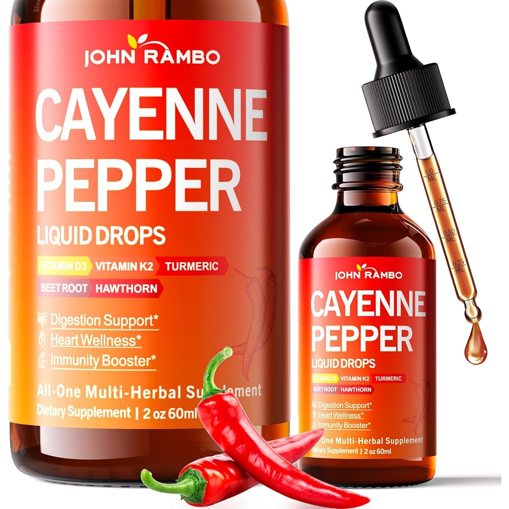 JOHN RAMBO Cayenne Pepper Liquid Drops 2 ounce bottle front view showcasing the natural herbal blend for circulation support.