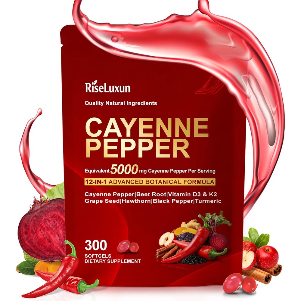 VivoNu RiseLuxun 12 in 1 Cayenne Pepper Capsules front view of the package detailing 5000 Milligrams serving size.
