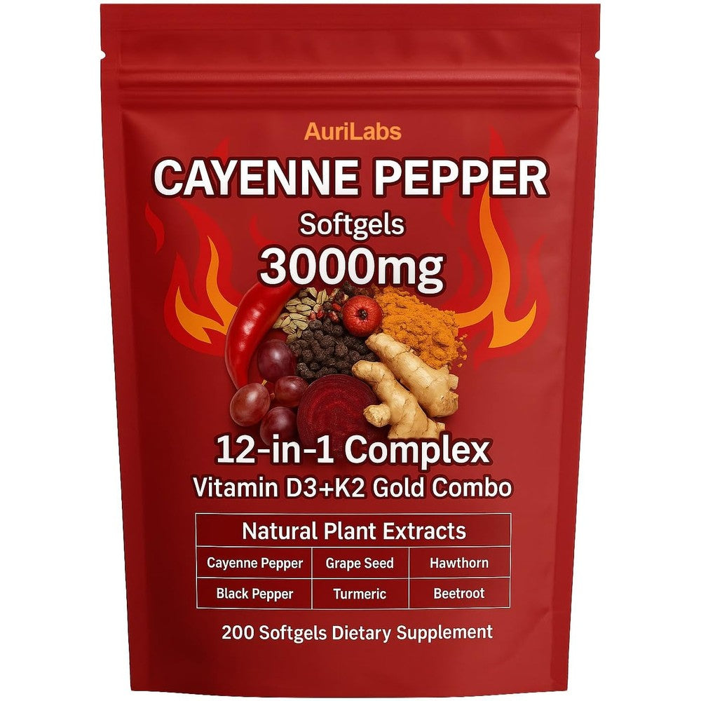 AuriLabs Cayenne Pepper Softgels 200 count bottle front view showing cardiovascular supplement labels