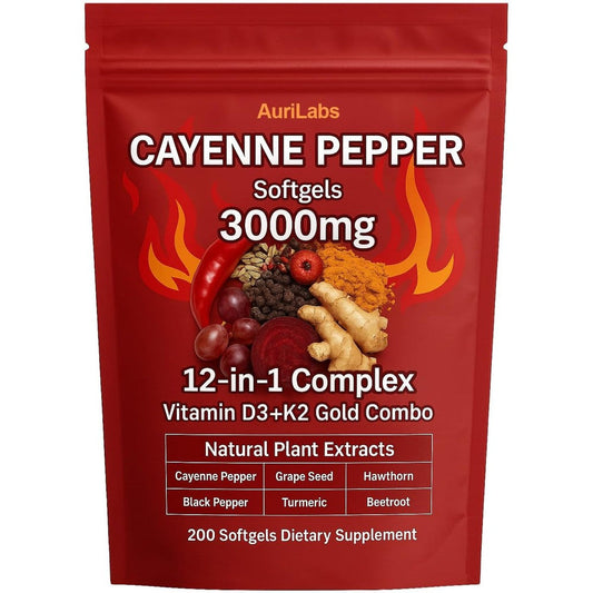 AuriLabs Cayenne Pepper Softgels 200 count bottle front view showing cardiovascular supplement labels