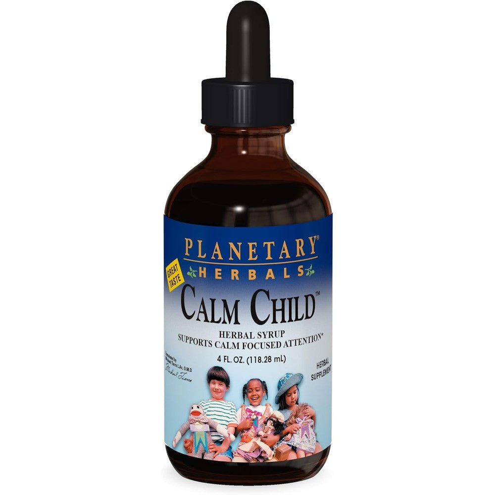 Planetary Herbals Calm Child Herbal Syrup 4oz front bottle view showcasing premium children's relaxation liquid.