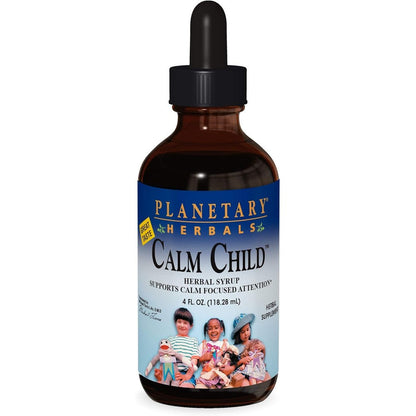 Planetary Herbals Calm Child Herbal Syrup 4oz front bottle view showcasing premium children's relaxation liquid.