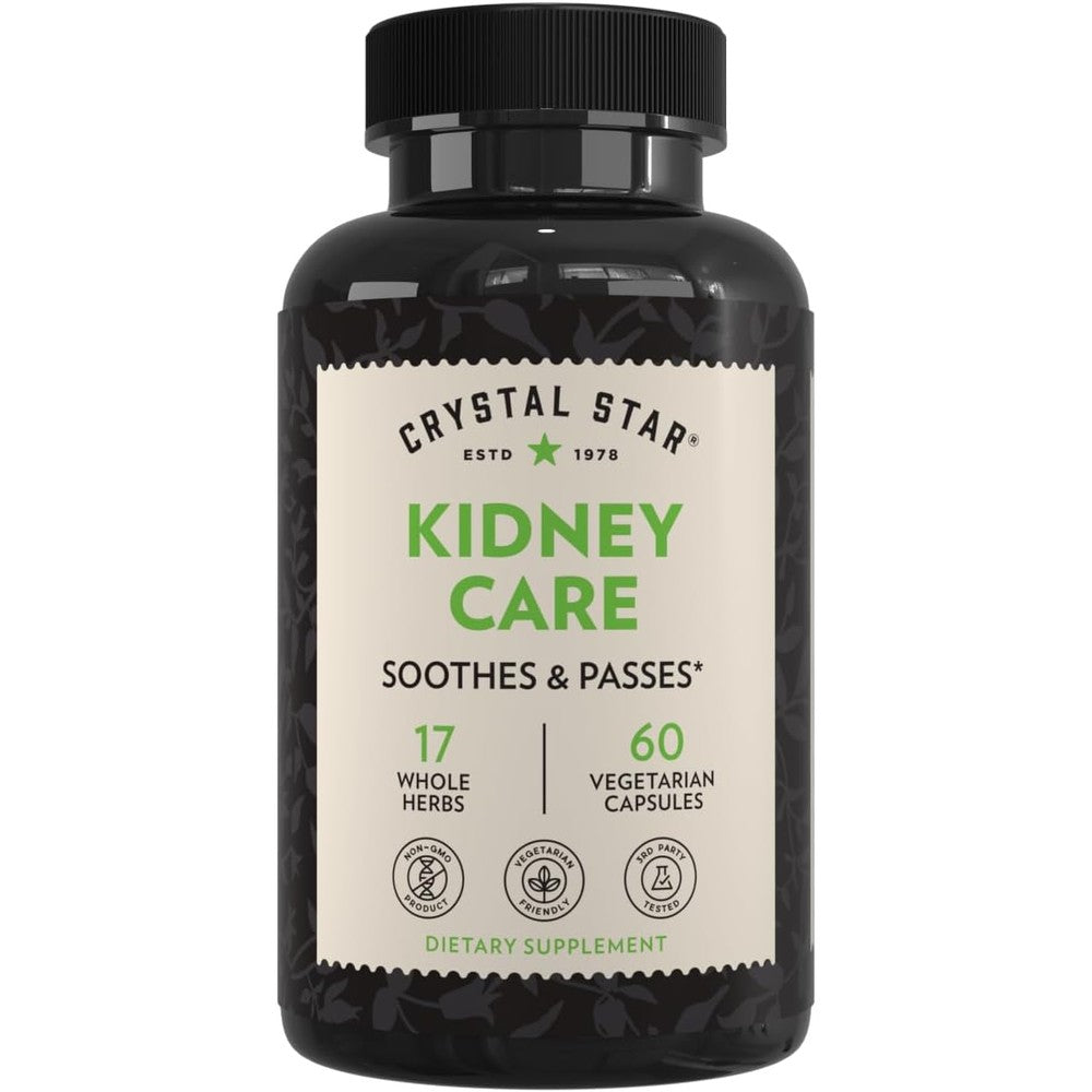 Crystal Star Kidney Care 60 vegetarian capsules front view bottle for natural kidney health support.