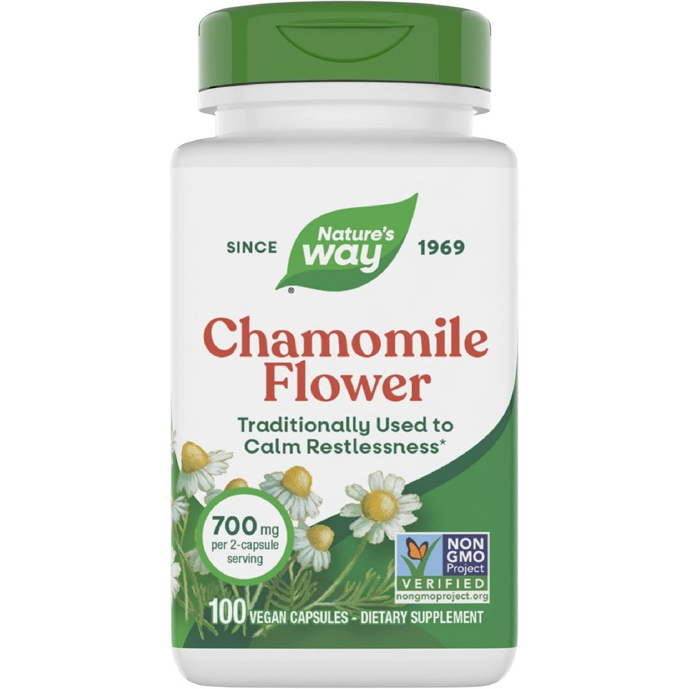 Nature's Way Chamomile Flower 700 mg 100 Vegan Capsules front bottle view for relaxation support.