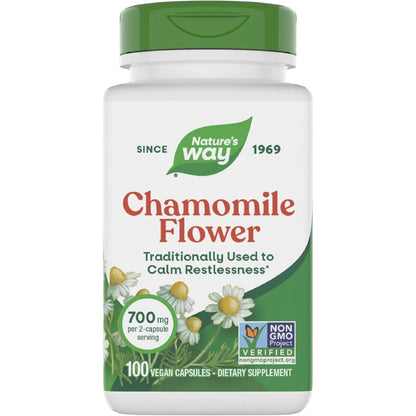 Nature's Way Chamomile Flower 700 mg 100 Vegan Capsules front bottle view for relaxation support.
