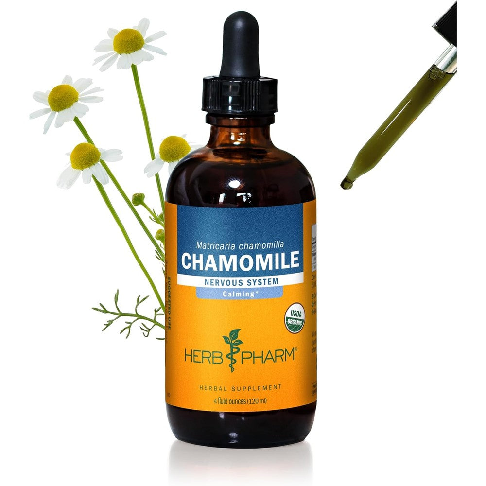 Herb Pharm Certified Organic Chamomile Liquid Extract four fluid ounce front bottle view for nervous system support.