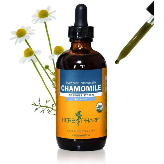 Herb Pharm Certified Organic Chamomile Liquid Extract four fluid ounce front bottle view for nervous system support.