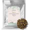 Starwest Botanicals Organic Chamomile Flowers 1 pound bag front view showing dried whole herbal loose leaf tea packaging.
