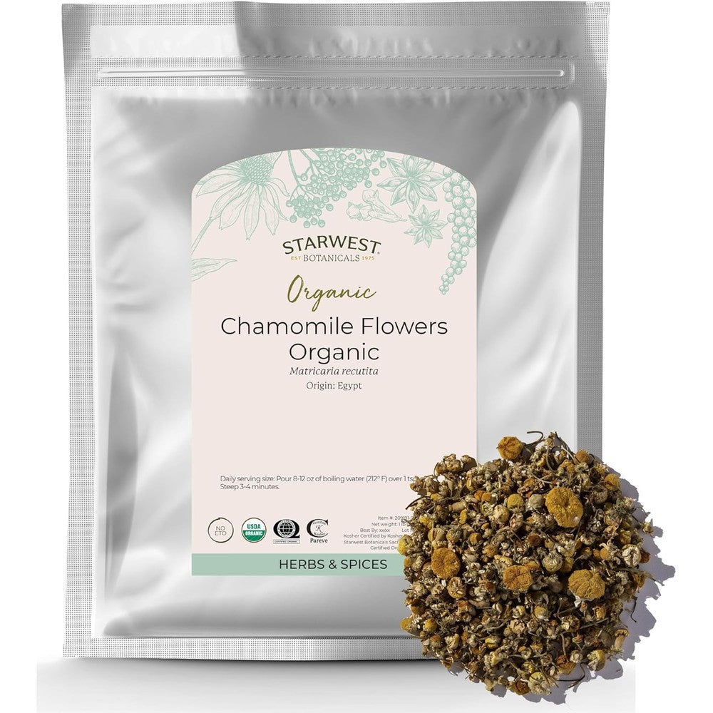 Starwest Botanicals Organic Chamomile Flowers 1 pound bag front view showing dried whole herbal loose leaf tea packaging.
