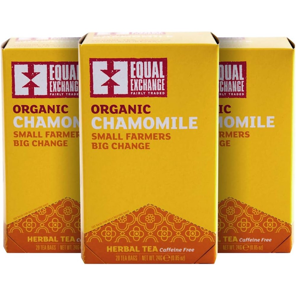 Equal Exchange Organic Chamomile Tea front view box showing fair trade herbal tea packaging