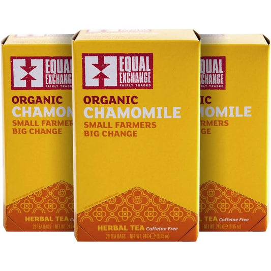 Equal Exchange Organic Chamomile Tea front view box showing fair trade herbal tea packaging