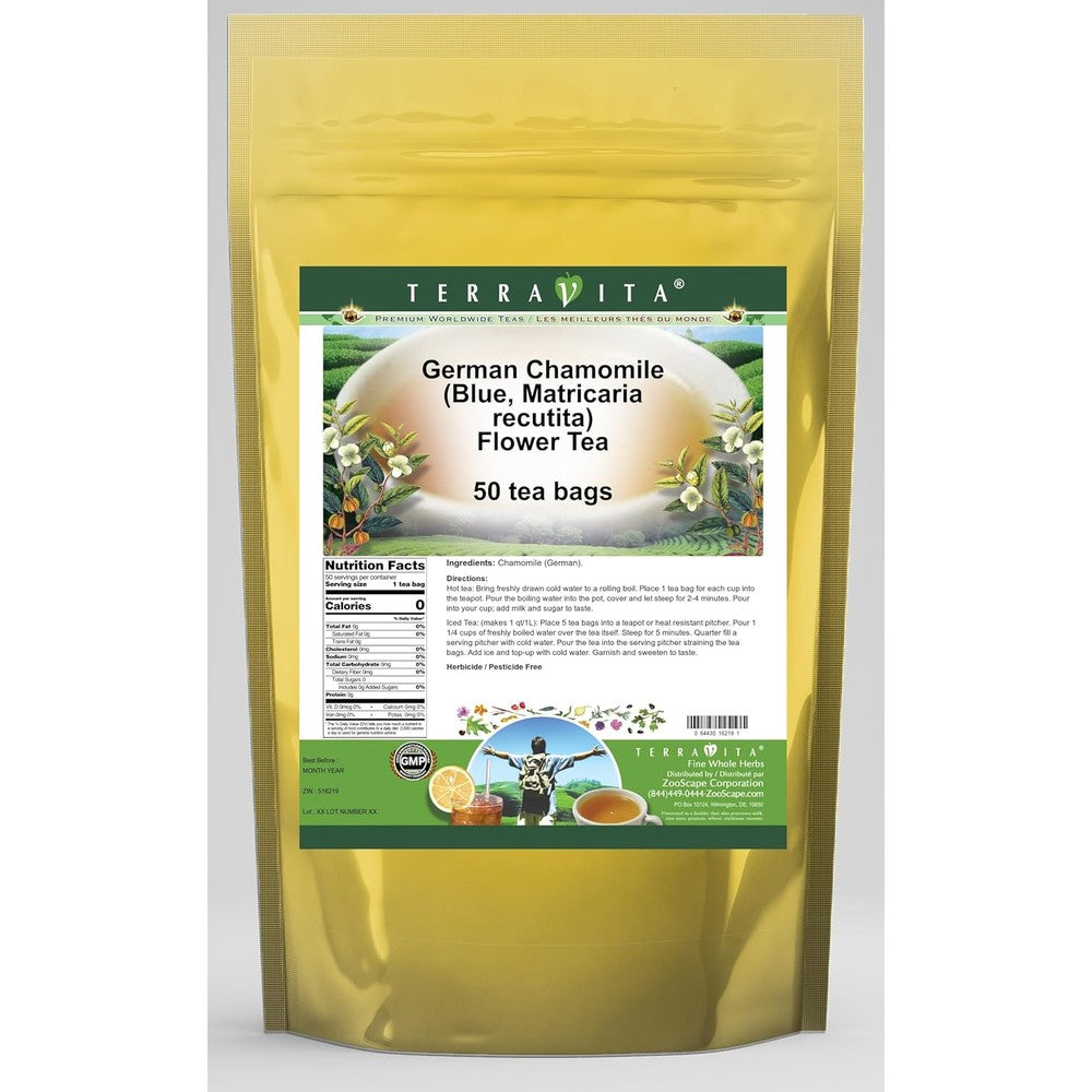 Terravita German Chamomile Blue Flower Tea front view pouch containing 50 unbleached tea bags