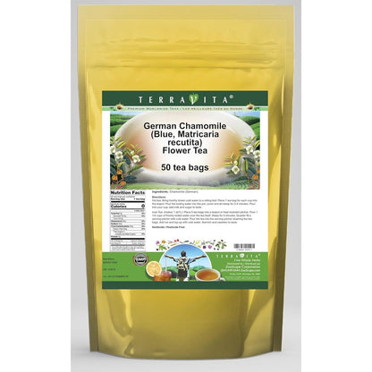 Terravita German Chamomile Blue Flower Tea front view pouch containing 50 unbleached tea bags