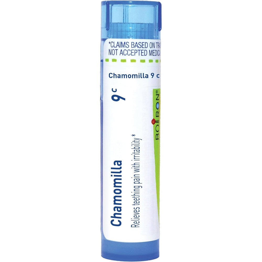 Boiron Chamomilla 9C homeopathic medicine tube front view for infant teething pain relief