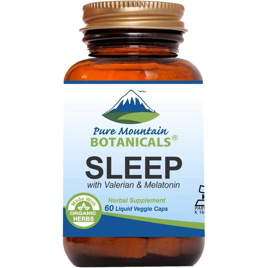 Pure Mountain Botanicals Natural Sleep Aid 60 vegan capsules front view bottle showing organic valerian root ingredients