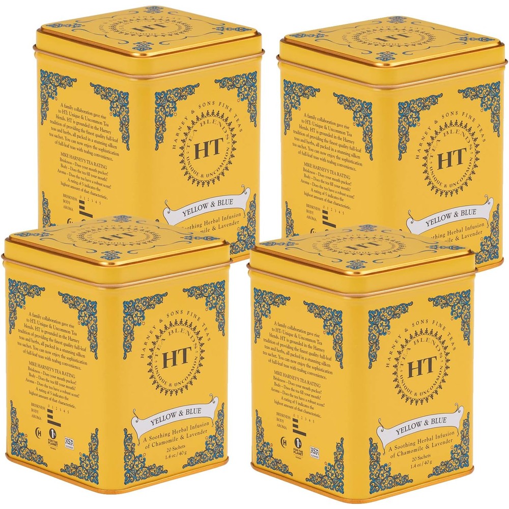 Harney and Sons Yellow and Blue tea front view of premium tins