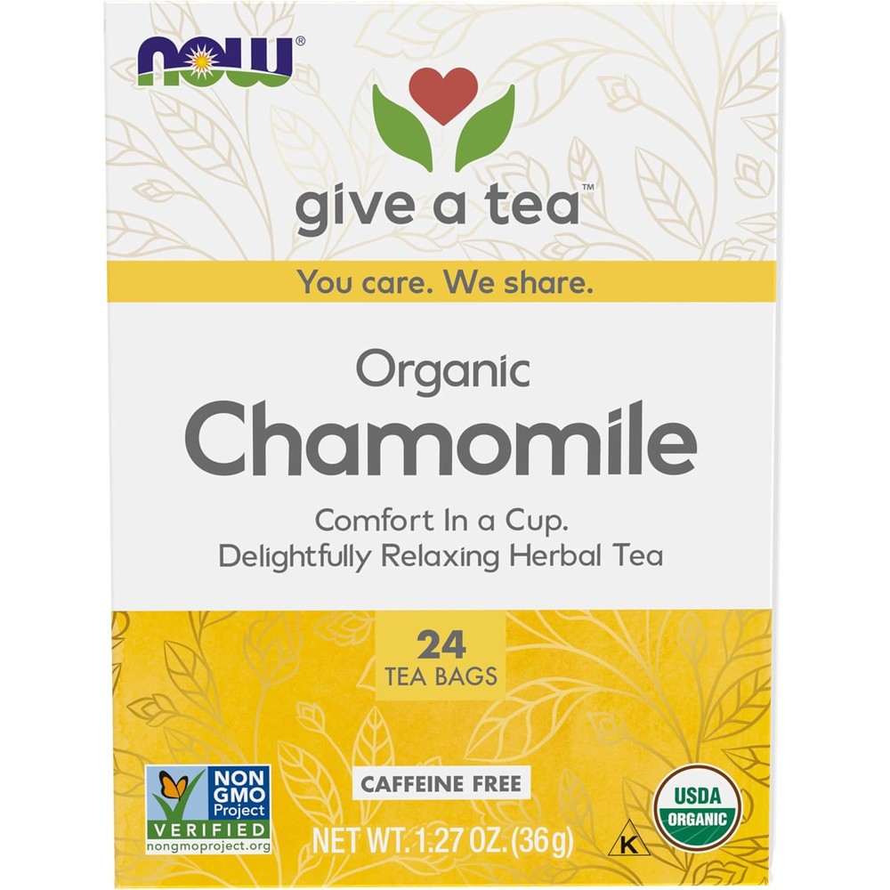 NOW Foods Organic Chamomile Tea front view packaging of 24 unbleached tea bags