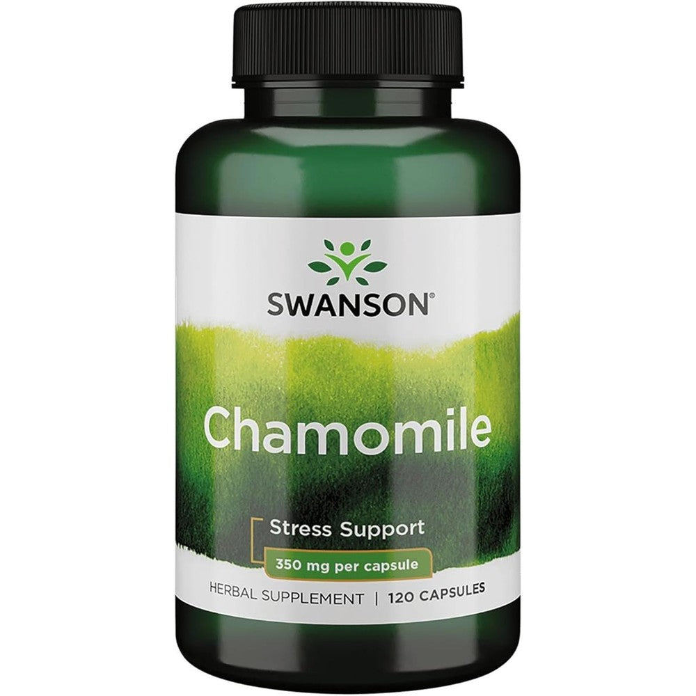 Swanson Chamomile Stress Support 120 capsules front view bottle showing premium imported packaging.