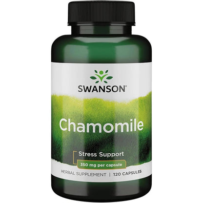 Swanson Chamomile Stress Support 120 capsules front view bottle showing premium imported packaging.