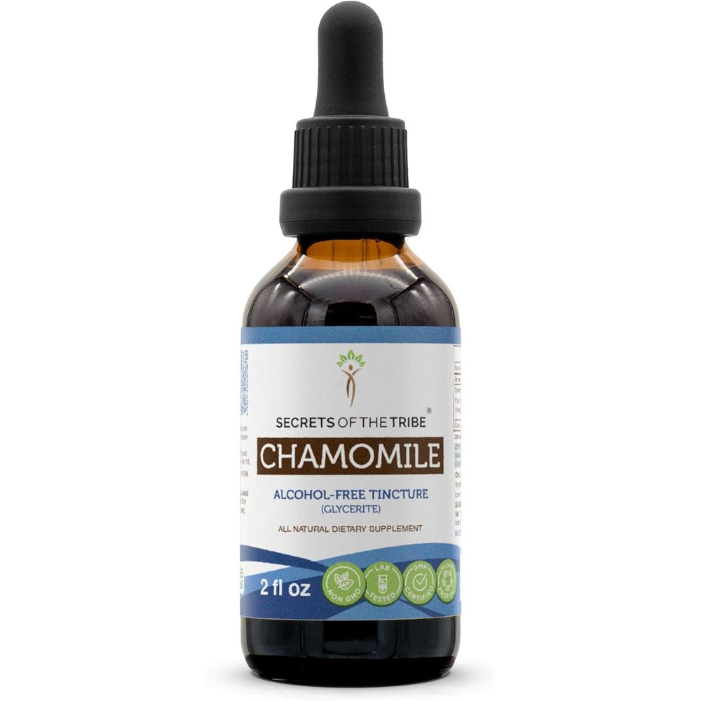 Secrets of the Tribe Chamomile Alcohol Free Liquid Extract front view of the two fluid ounce bottle