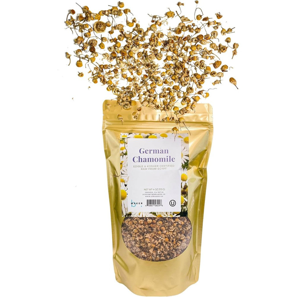 bMAKER Dried Chamomile Flowers front view of the packaging bag showing whole loose leaf tea herbs.