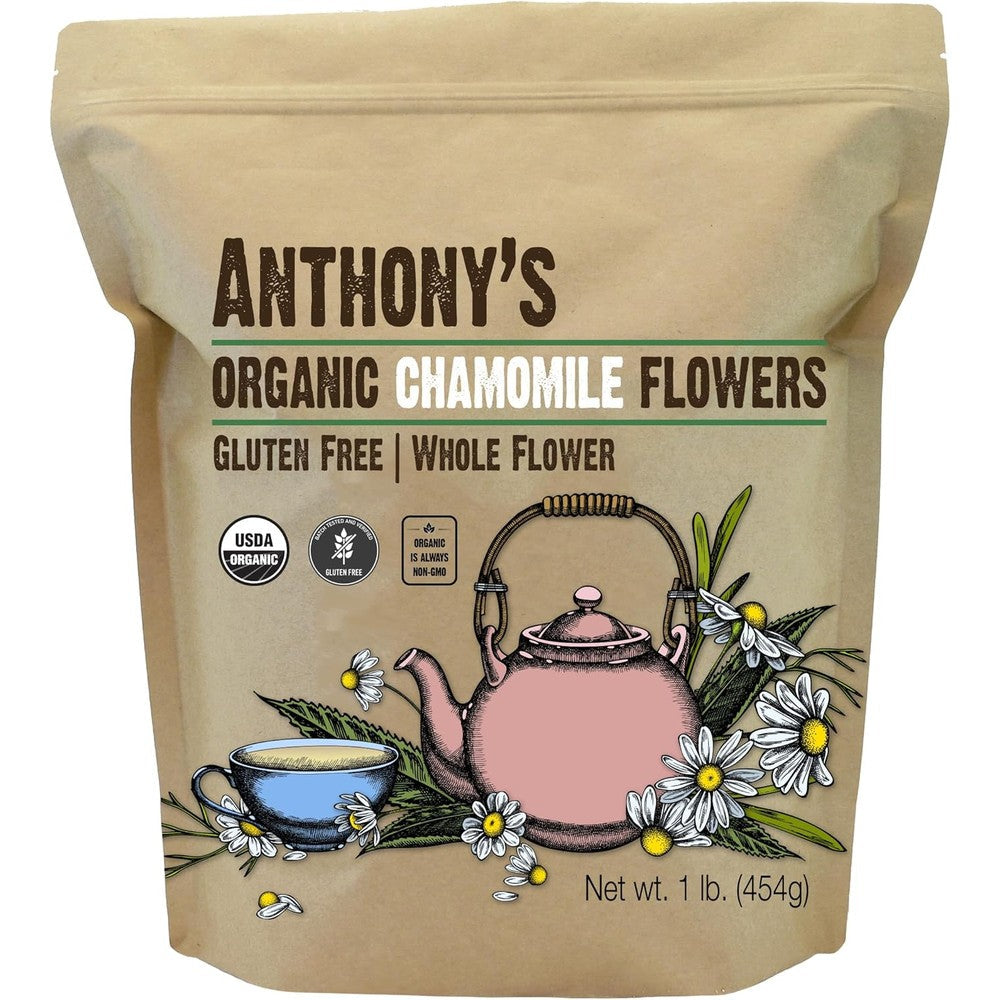 Anthony's Organic Chamomile Flowers sixteen ounce front packaging view showing organic loose leaf herbal tea details.
