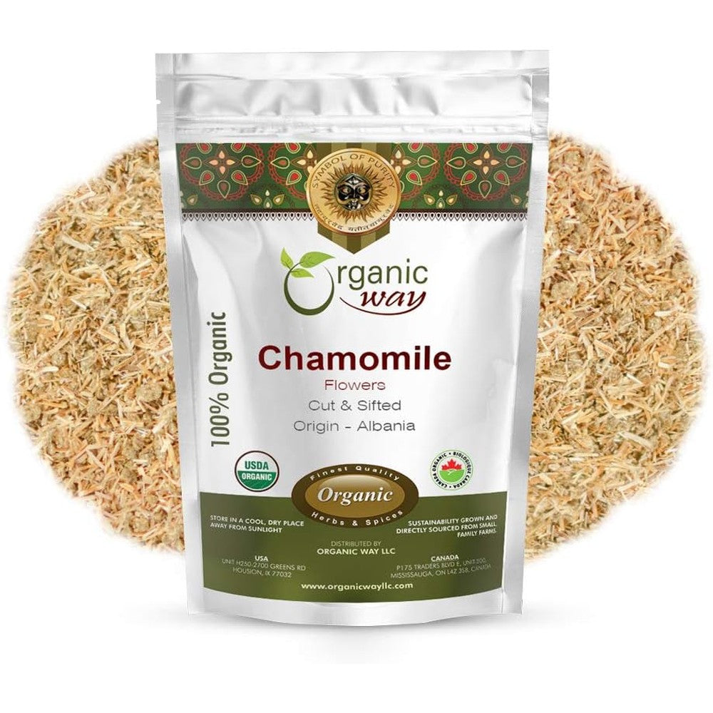 Organic Way Chamomile Flowers Cut And Sifted premium herbal tea front view.