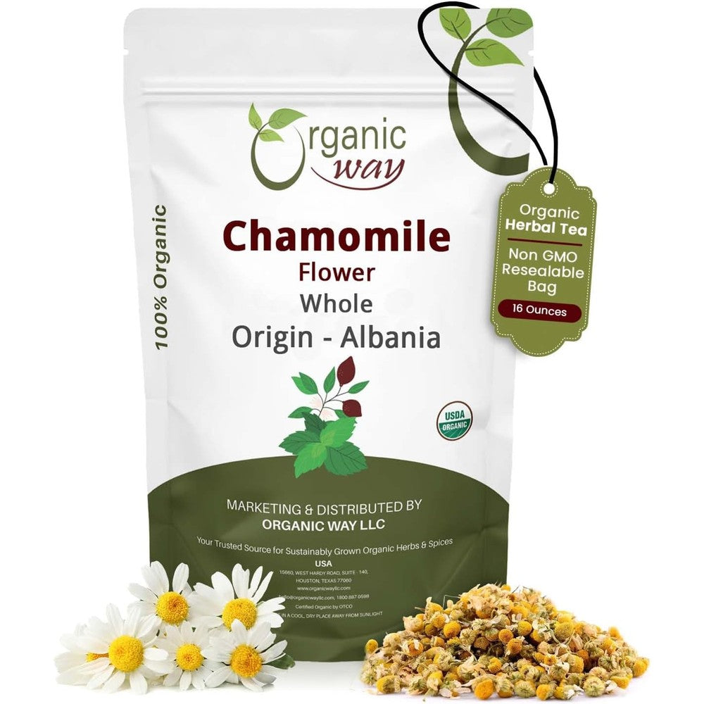 Organic Way Whole Chamomile Flowers bulk one pound packaging front view displaying organic seals.