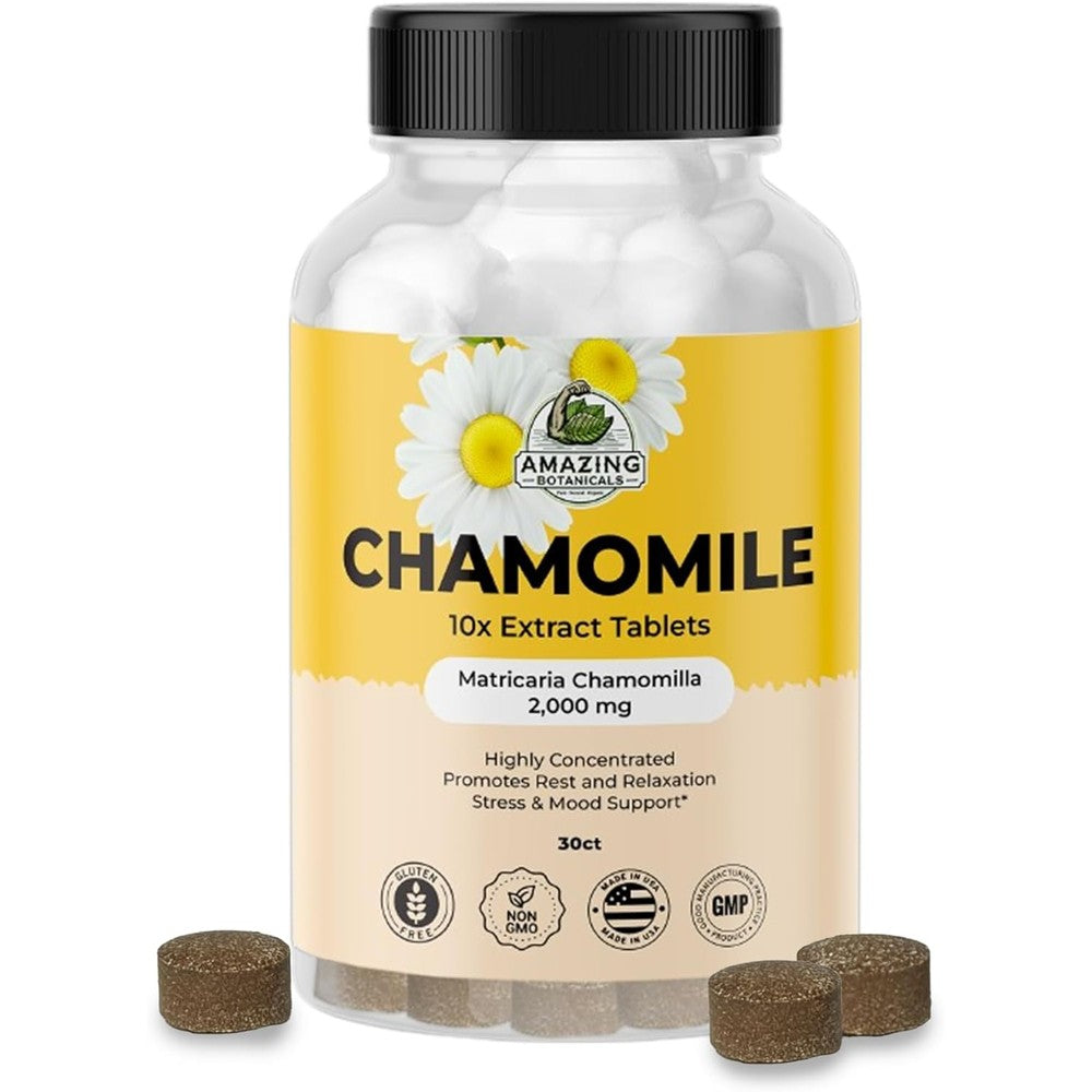 Amazing Botanicals Chamomile Extract 2000mg 30 tablets front view showing packaging details for relaxation supplement.