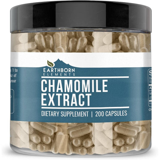Earthborn Elements Chamomile Extract 200 capsules front bottle view for natural sleep support.