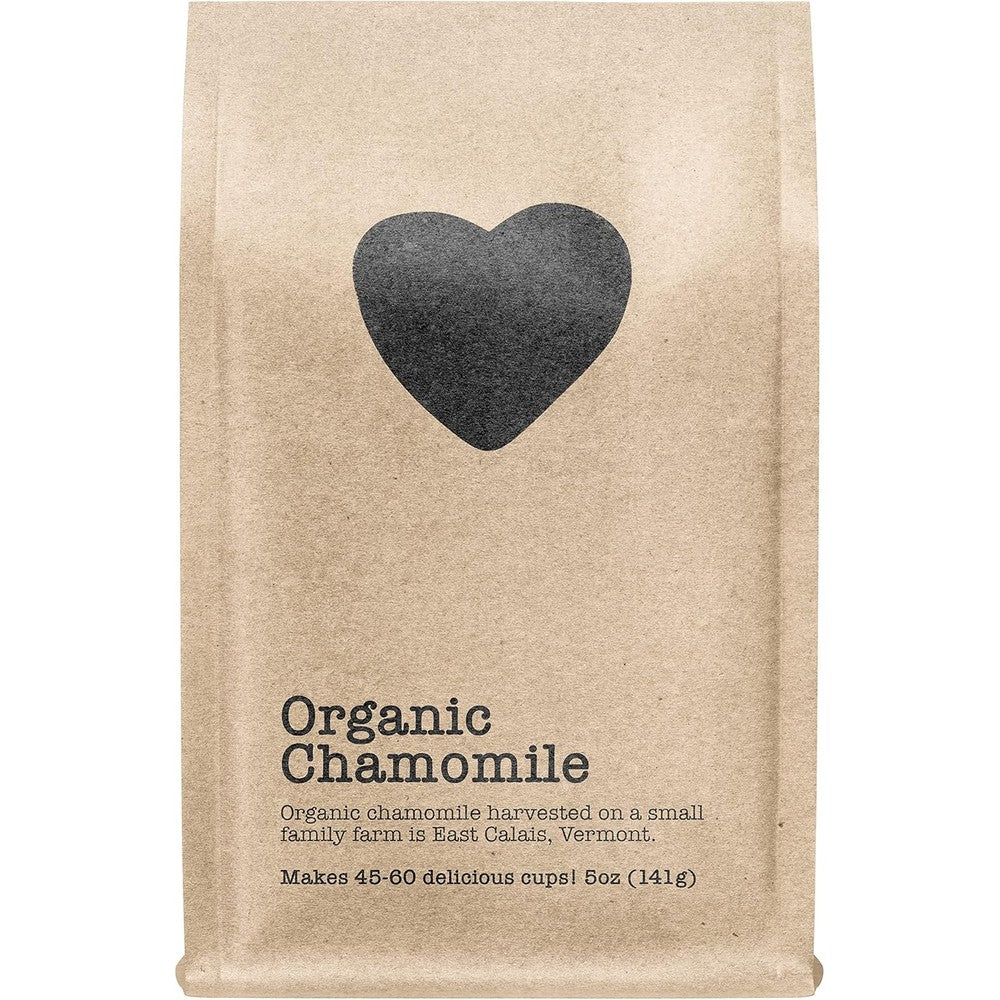 Harts of America Organic Chamomile Tea 5 Ounce pouch front view showing organic loose leaf herbal tea packaging.