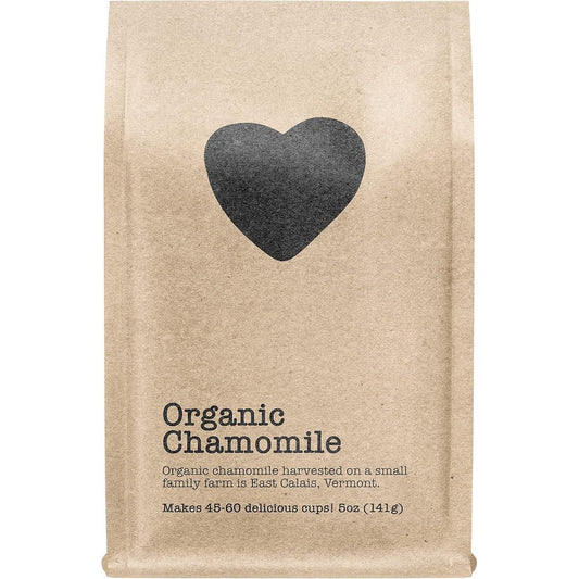 Harts of America Organic Chamomile Tea 5 Ounce pouch front view showing organic loose leaf herbal tea packaging.