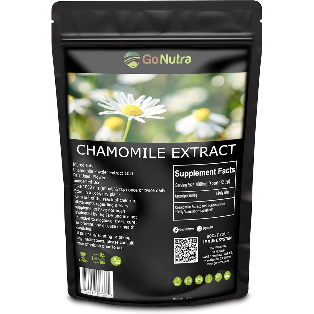 Go Nutra Chamomile Extract Powder front view of eight ounce bag for natural sleep support.