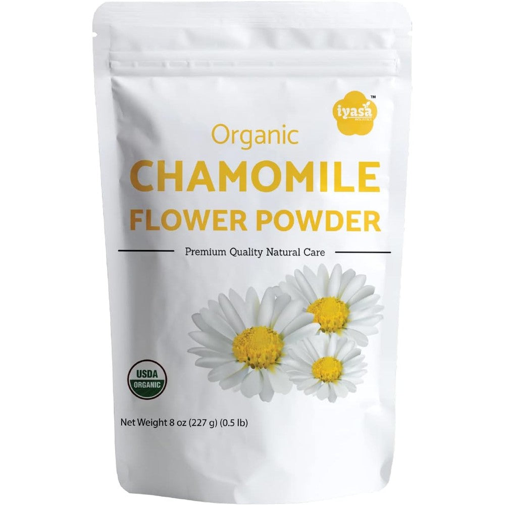 Iyasa Holistics Organic Chamomile Flower Powder 8 Ounce front package view showing premium organic herbal supplement.