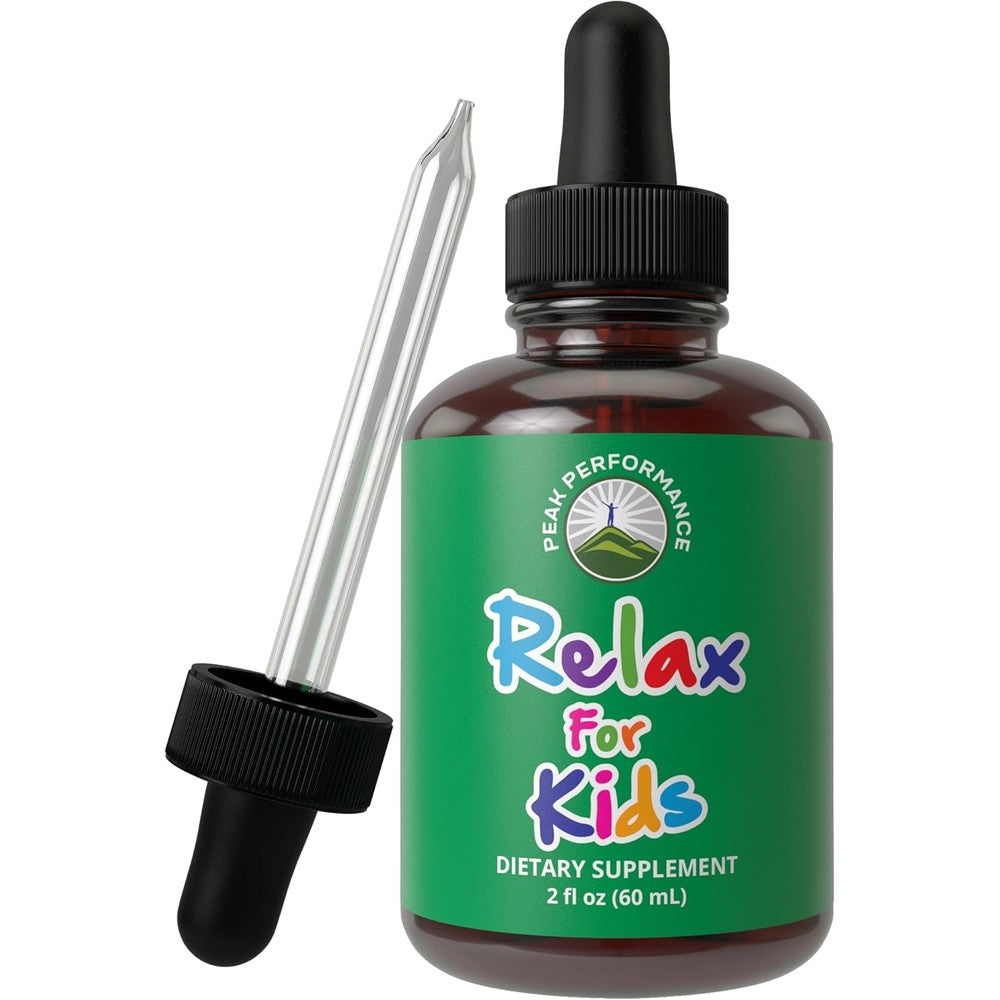Peak Performance Kids Calm Liquid Drops front view bottle showing relaxation formula