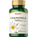 Piping Rock Chamomile Extract 1100mg 200 Capsules front view bottle showing relaxation herbal supplement label.