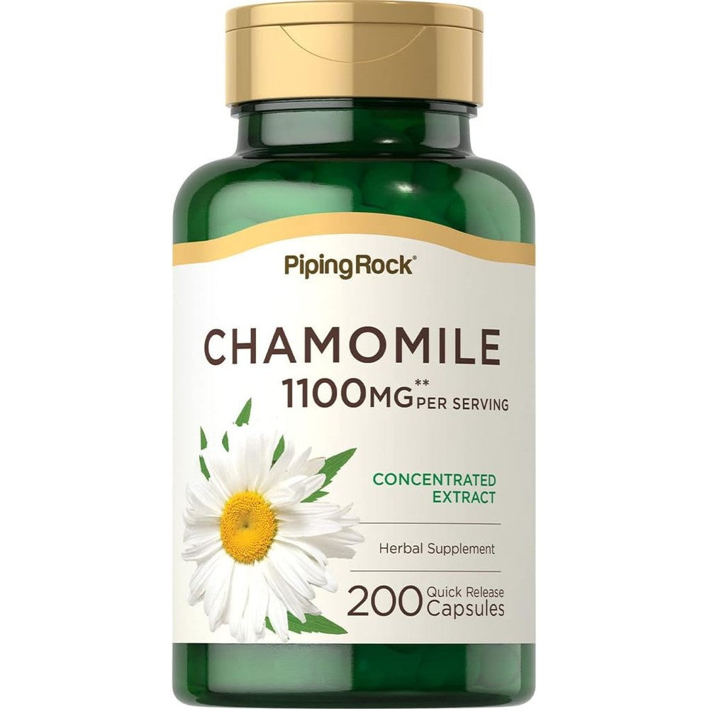Piping Rock Chamomile Extract 1100mg 200 Capsules front view bottle showing relaxation herbal supplement label.