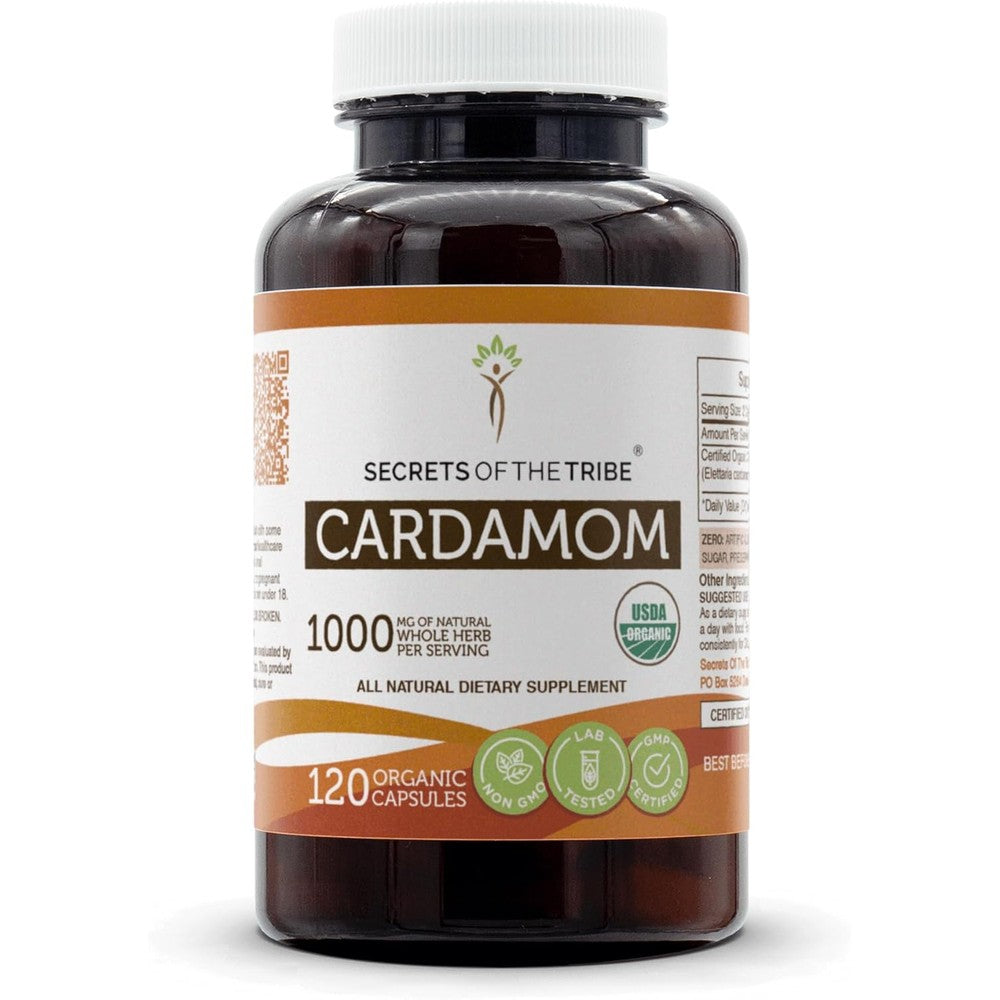 Secrets of the Tribe Cardamom USDA Organic Capsules front bottle view for digestive support