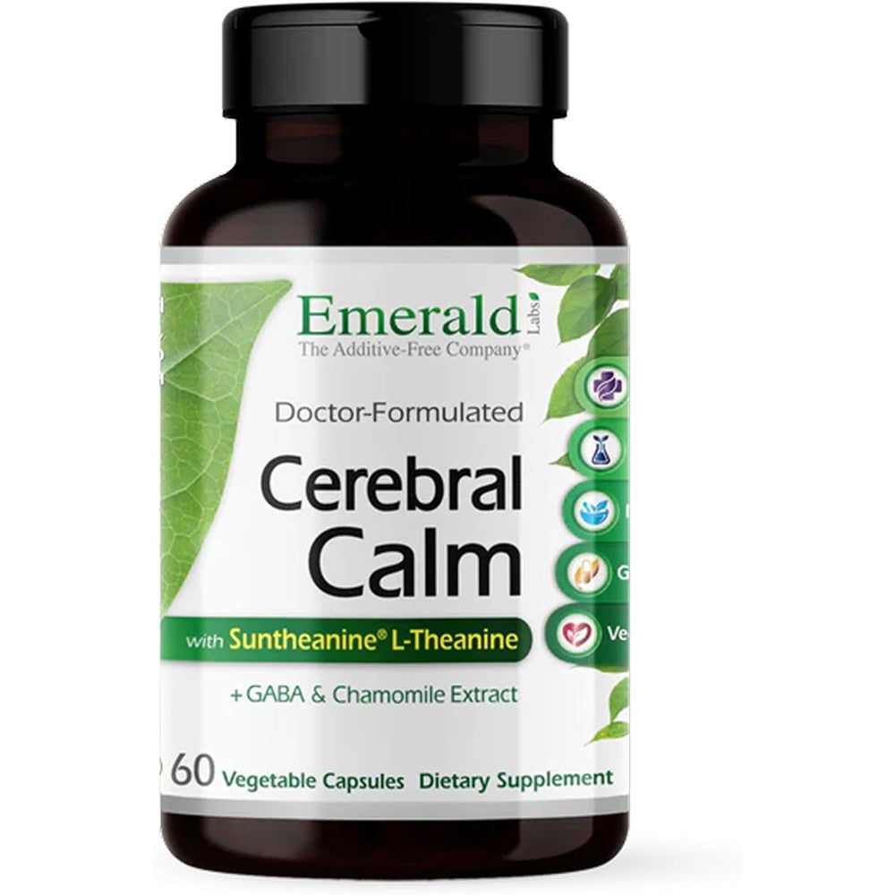 Emerald Labs Cerebral Calm 60 vegetable capsules front view of bottle showing key ingredients for brain health.