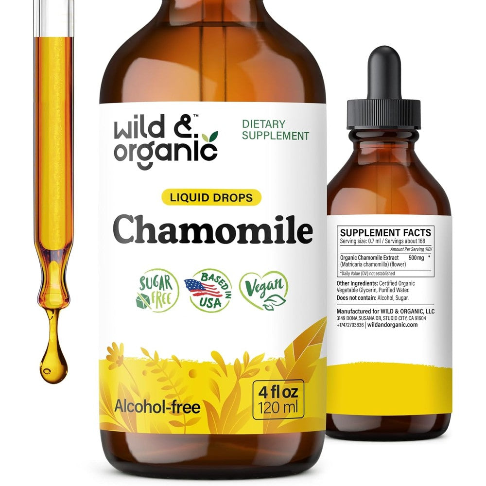 Wild & Organic Chamomile Flowers Tincture front view bottle for natural relaxation support.