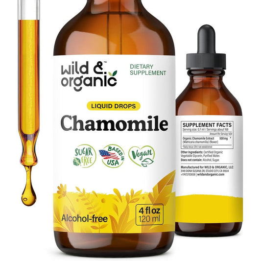 Wild & Organic Chamomile Flowers Tincture front view bottle for natural relaxation support.
