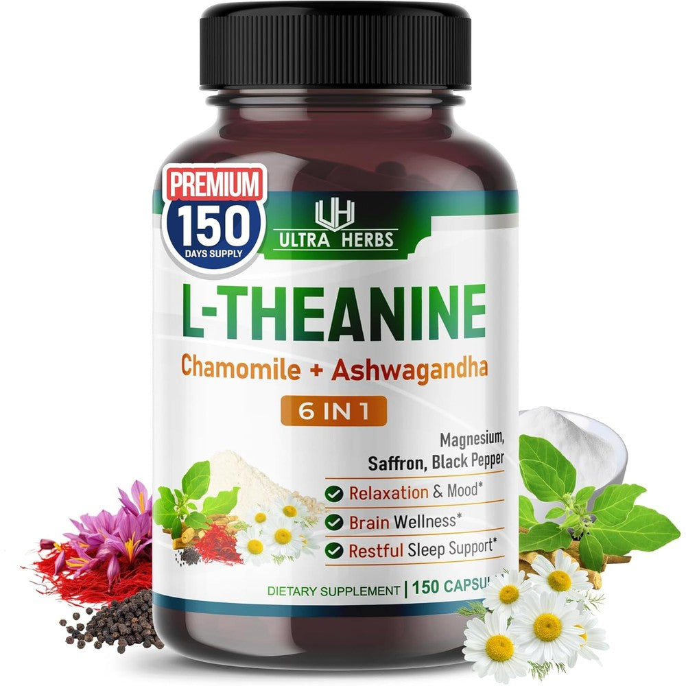Ultra Herbs L-Theanine 6-in-1 Complex 150 capsules front view showing key ingredients