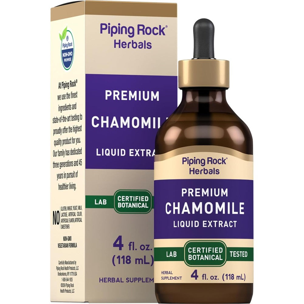 Piping Rock Chamomile Flower Extract Liquid 4 Fluid Ounce bottle front view showing product packaging.