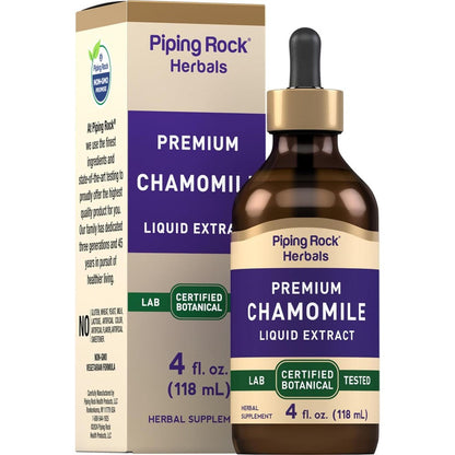 Piping Rock Chamomile Flower Extract Liquid 4 Fluid Ounce bottle front view showing product packaging.