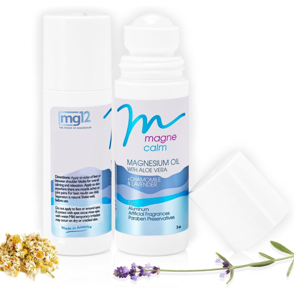 MG12 MagneCalm Magnesium Oil Roll On 3 Ounce front view showcasing the botanical blend packaging for muscle relaxation.