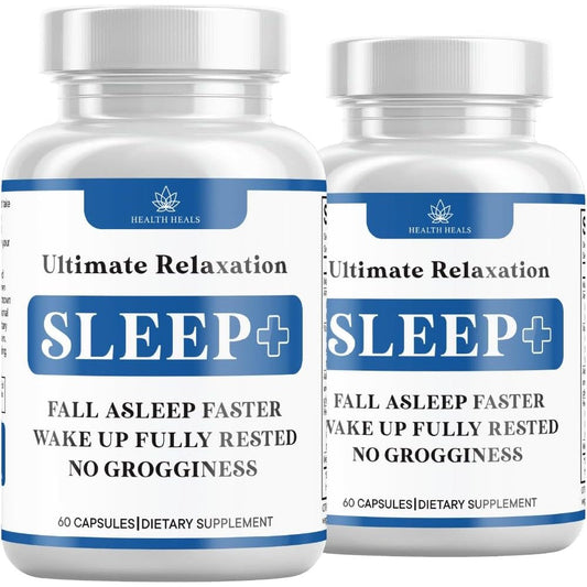 Health Heals Relaxation Sleep Aid Pack of Two front view showing blue and white bottles