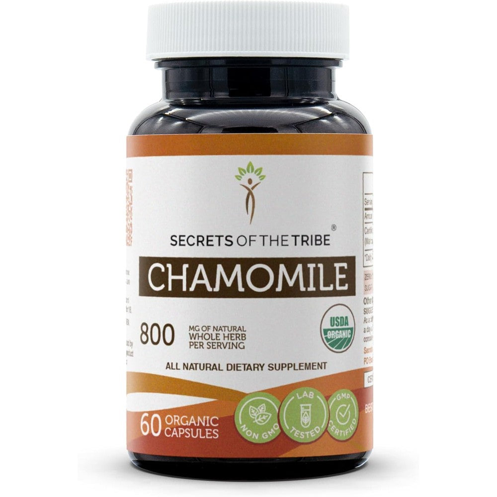 Secrets of the Tribe Chamomile USDA Organic 60 capsules front view bottle for natural relaxation.